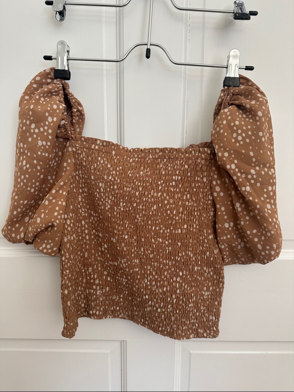 BB Dakota Tan Polka Dot Smocked Puff-Sleeve Top